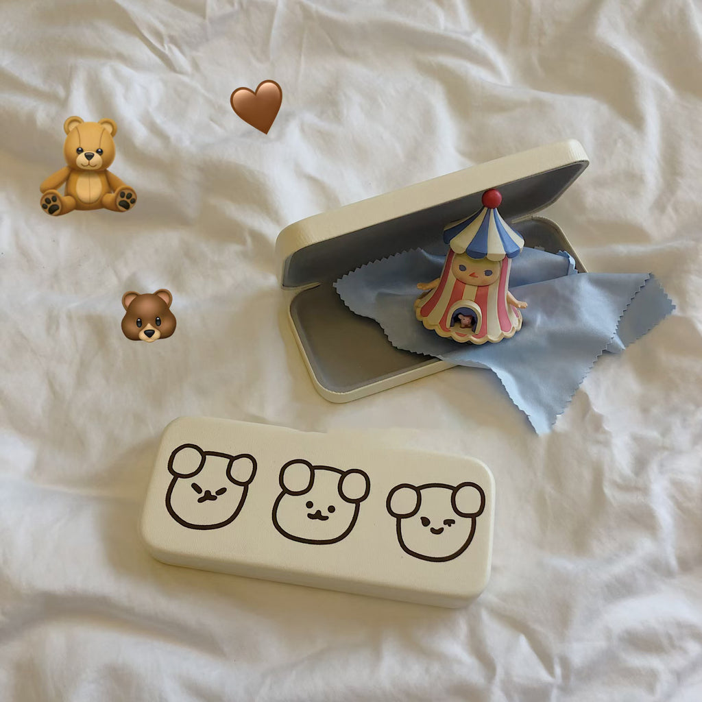 Three Bears Cream Color Homemade Glasses Box Storage And Organizing Portable Love Cartoon Glasses Box Cream Style