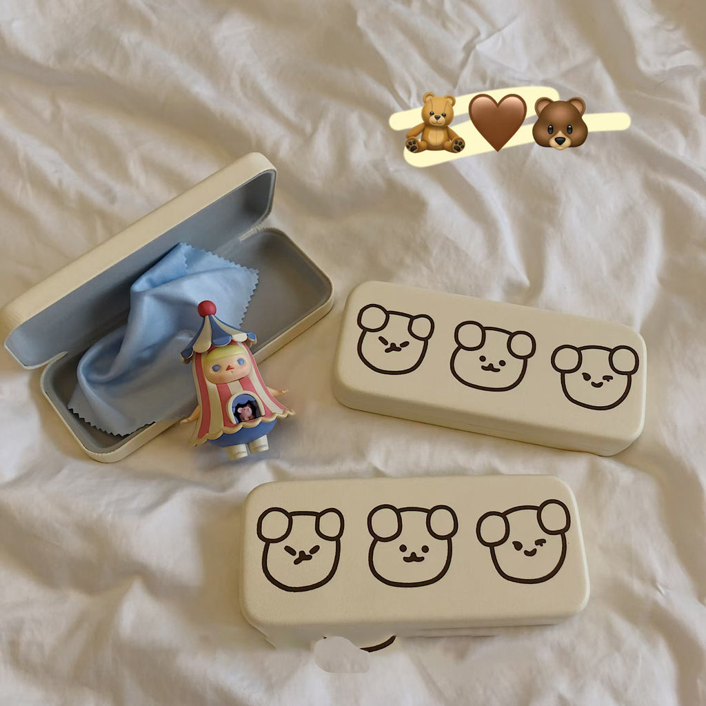 Three Bears Cream Color Homemade Glasses Box Storage And Organizing Portable Love Cartoon Glasses Box Cream Style